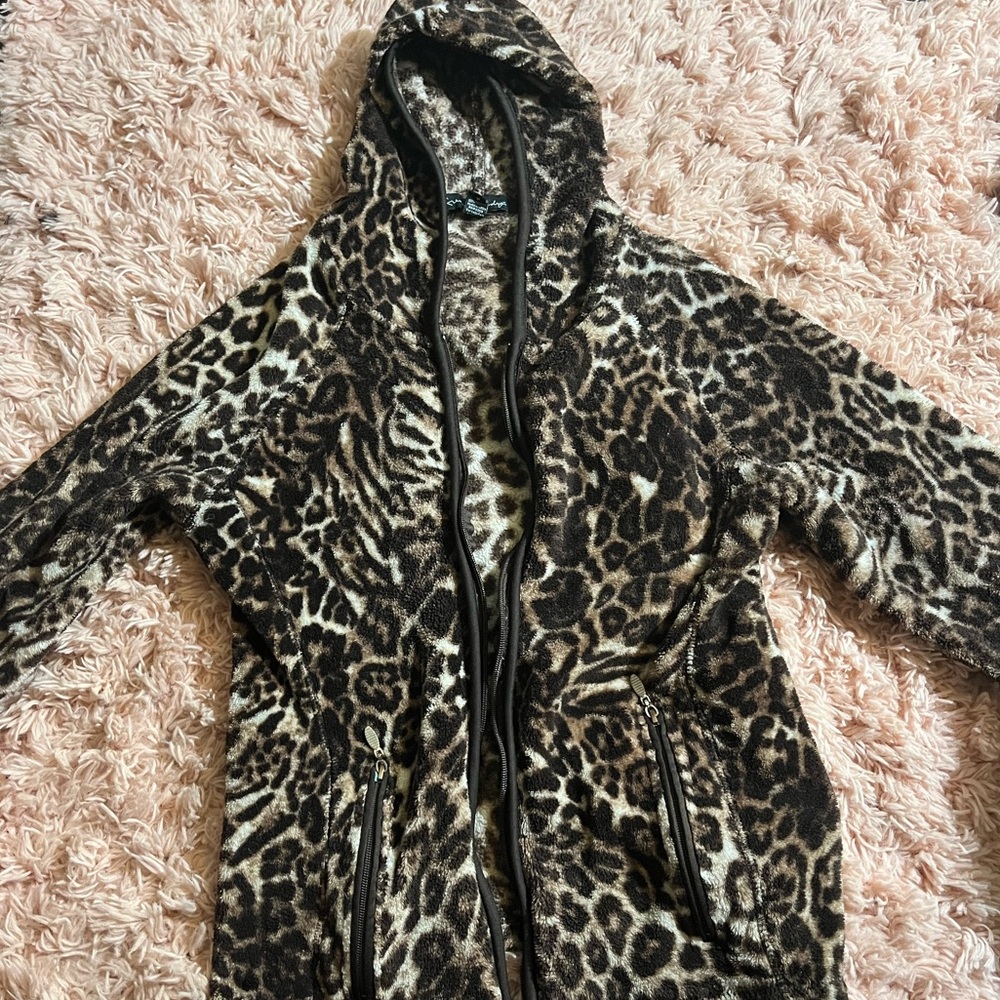 French Laundry M Jacket Hoodie Soft Faux Animal Print Brown Pockets